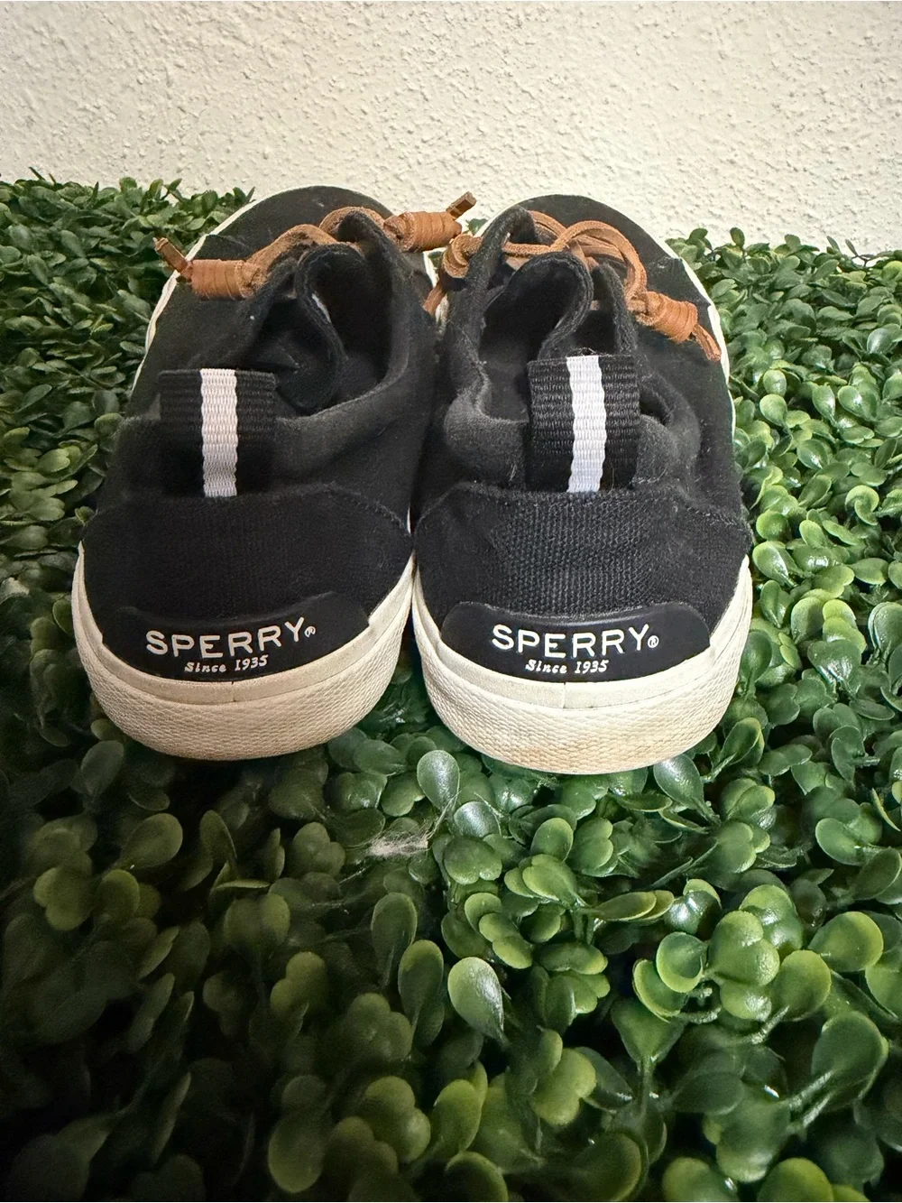 Sperry women’s Black Canvas Lace-Up Sneakers with Tan Laces
